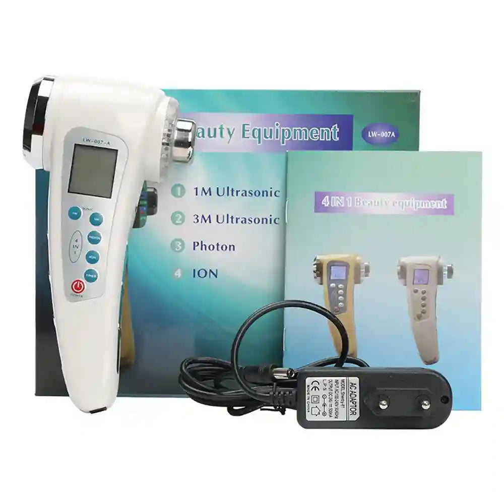 White double-headed ultrasonic beauty device with LCD screen, control buttons, power adapter, and product packaging.
