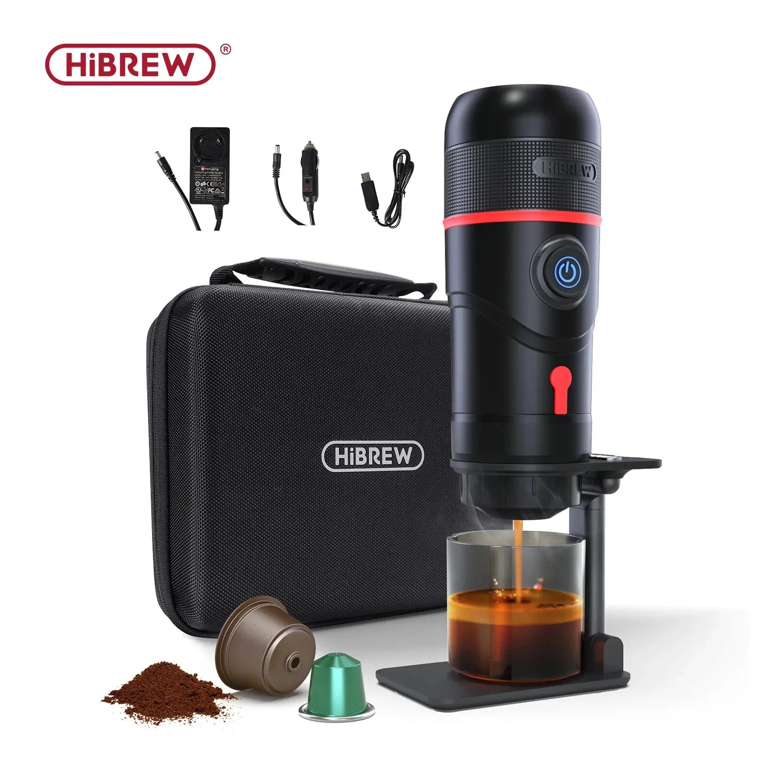HiBREW portable espresso maker in black with travel case, power cords, and capsules, brewing coffee into a glass.