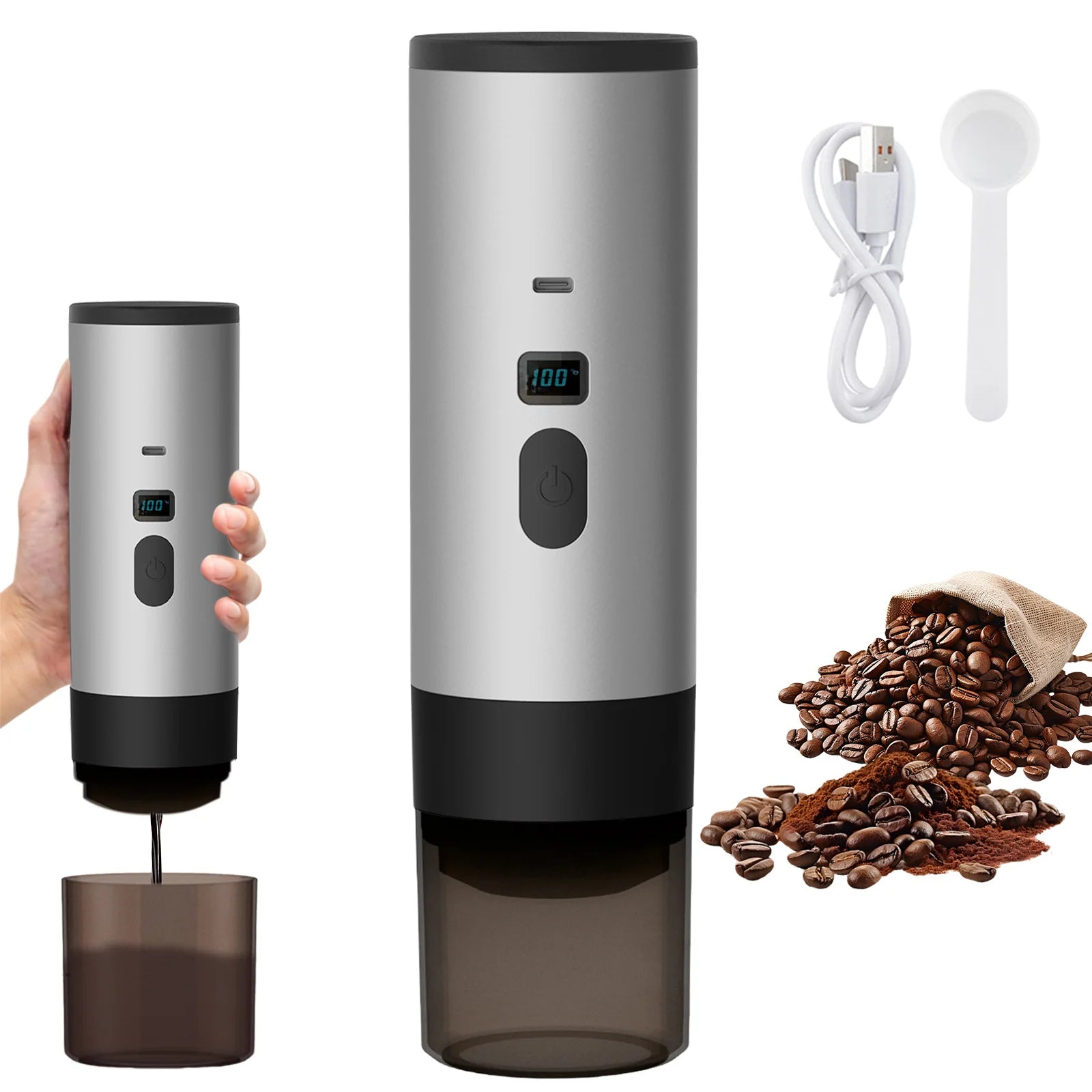 Portable electric coffee grinder, silver metal design with digital display, USB-C charging, and coffee bean scoop.