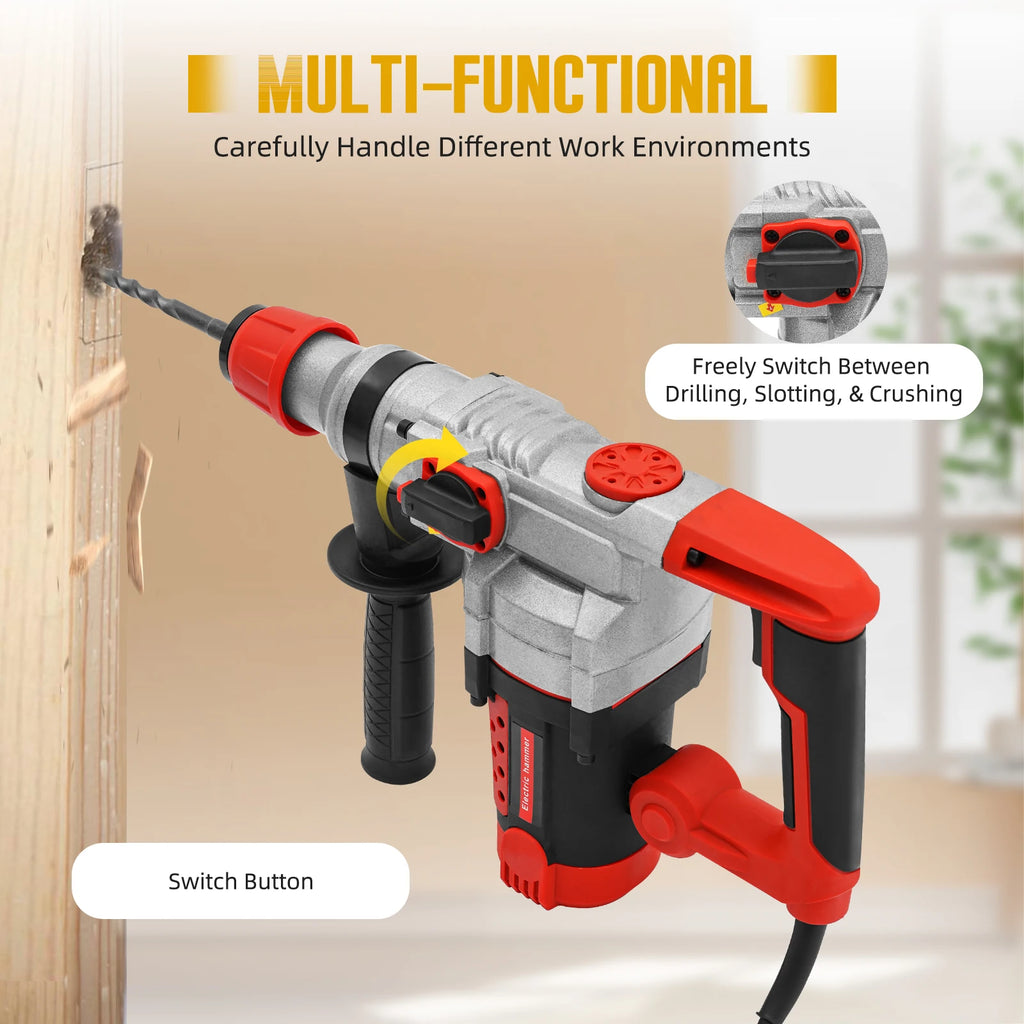2200W Rotary Hammer Drill with 6 Drill Bits & Toolbox, 4 In 1 Electric Concrete Perforator, Multi-Function Electric Hammer Kit