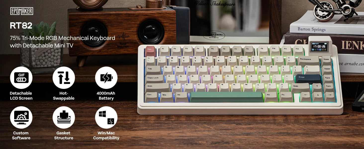 EPOMAKER RT82 QMK/VIA 75% US QWERTY Layout Hot-Swap Gasket Wired/BT 5.0/2.4GHz Wireless Mechanical Keyboard with LCD Screen