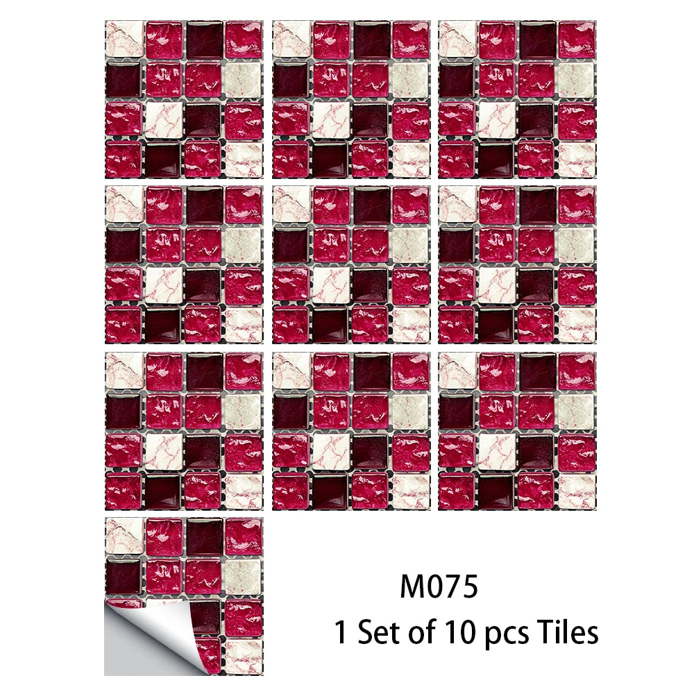 Glossy red mosaic tile sticker set of 10 pcs, red and white square tiles