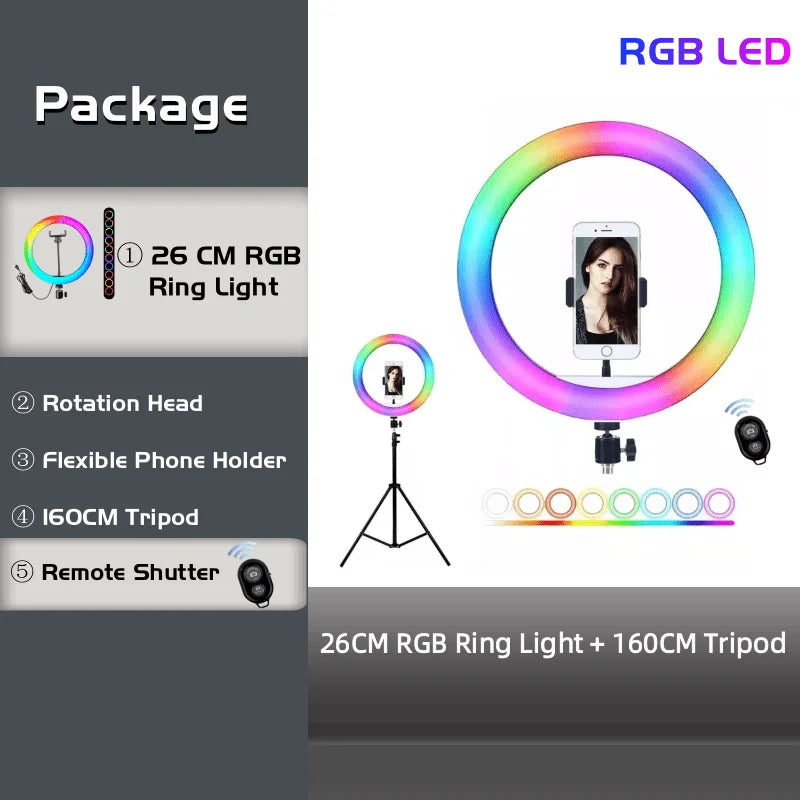 26cm rainbow LED ring light with phone holder, 160cm tripod stand, and remote shutter for photography and video.