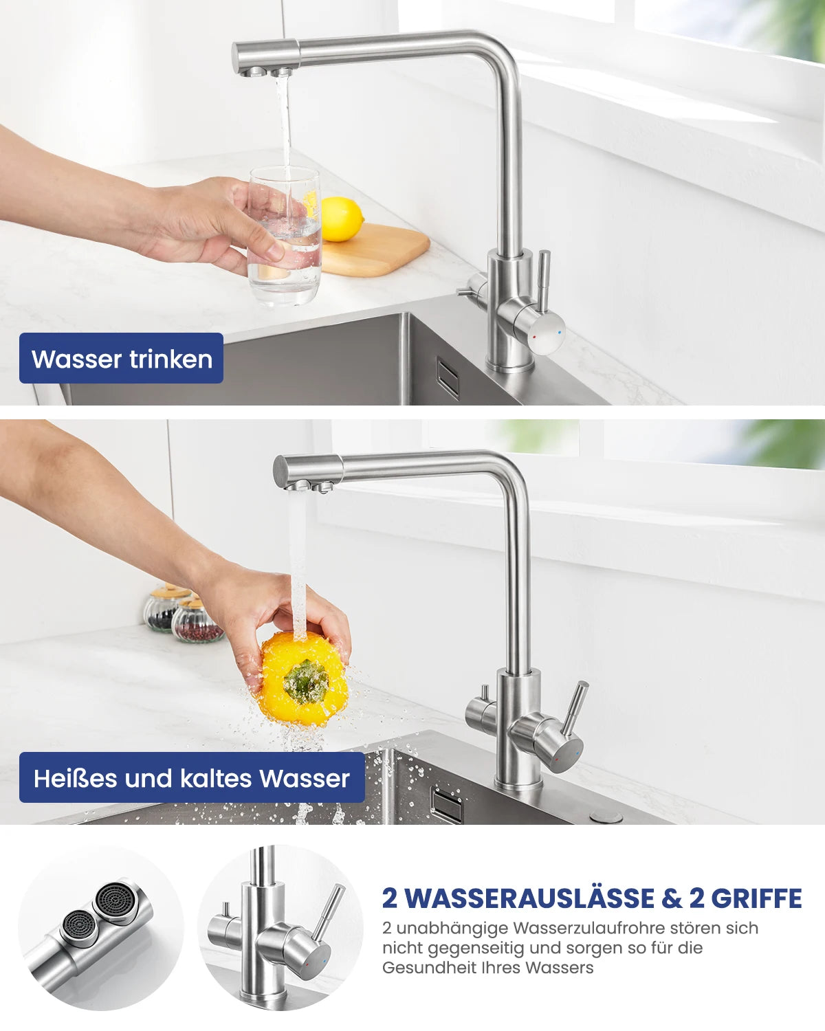 3-way kitchen faucet with 2 handles-Kitchen mixer with hot and cold water and purified water-360° swivel sink faucet-Brushed stainless steel
