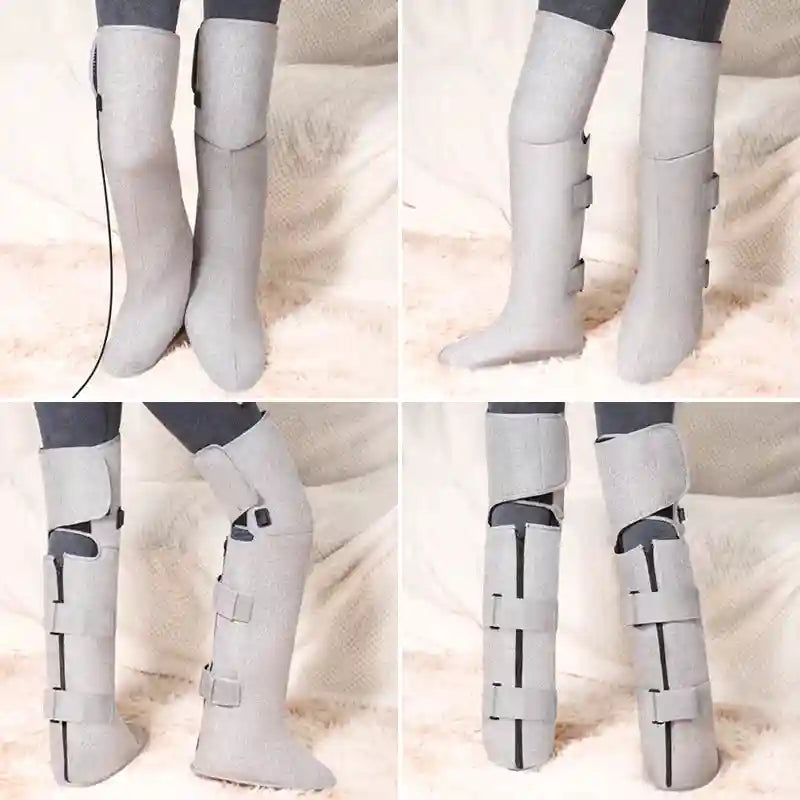 Gray fabric heating and massage boots for legs and ankles, featuring adjustable velcro straps and zippered closures.