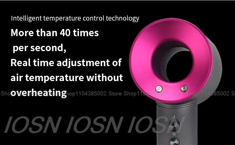 Pink and gray leafless ionic hair dryer with intelligent temperature control for fast, damage-free drying.