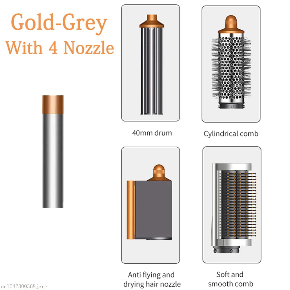 SenCiciMen X9 gold-grey hair styler set with 4 attachments: curling barrel, round brush, dryer, and smoothing comb.