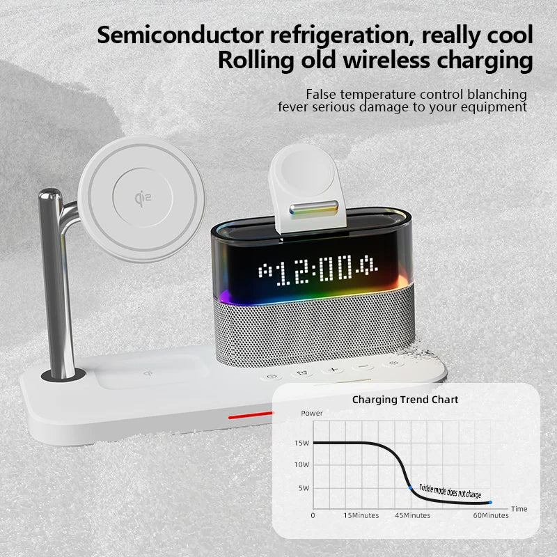 QI2 Wireless Charger Fast MagSafe Alarm Clock For Apple Air Pods iWatch iPhone Phone Holder sound RGB Night Light Bedroom Office