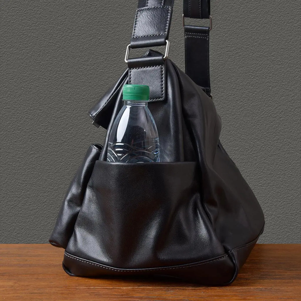 Retro Designer Men New Black Cowskin Genuine Leather Travel Bag Big Capacity Casual Tote Handbag Single Shoulder Crossbody Bag