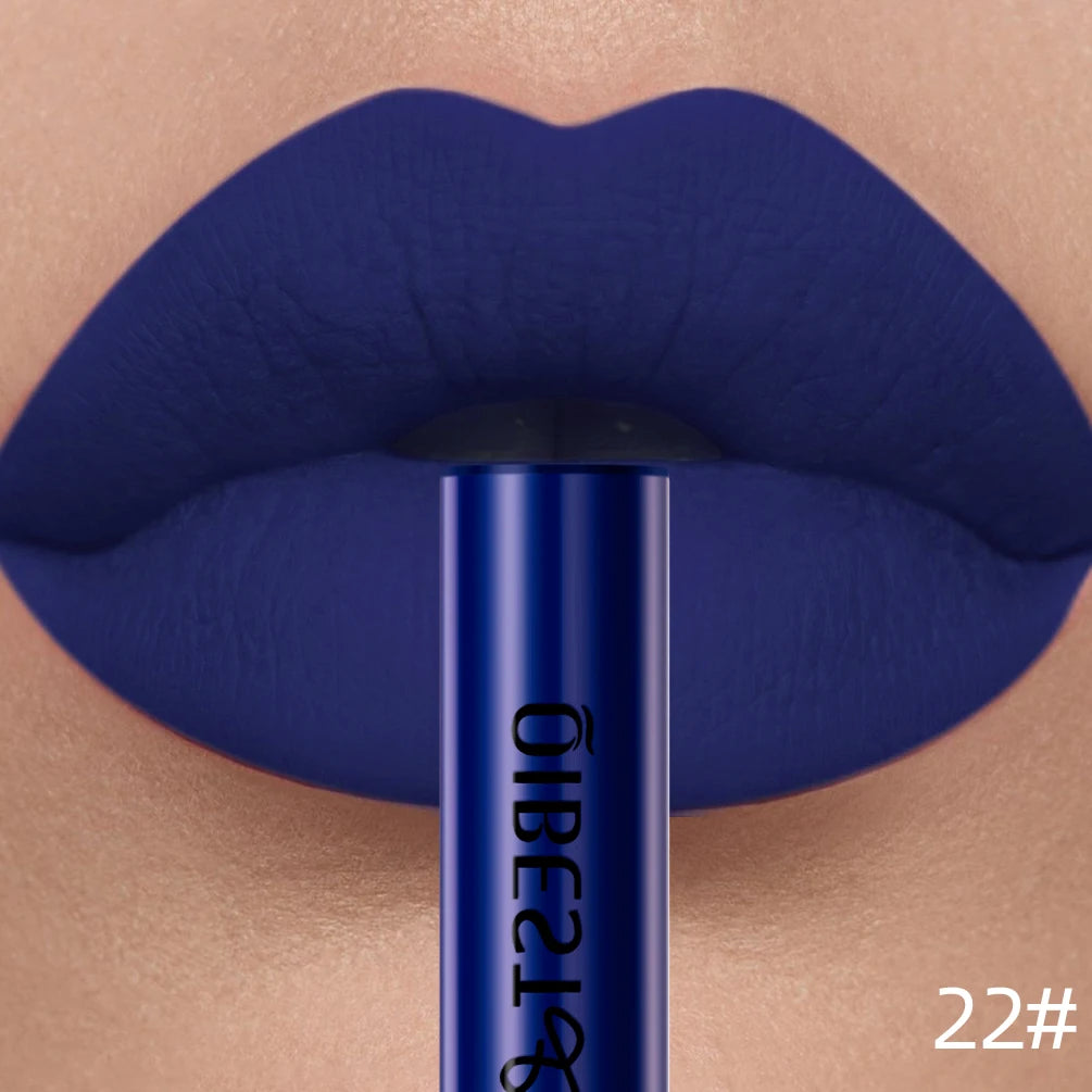 QIBEST blue velvet matte liquid lipstick, long-lasting nonstick lip makeup with rich, bold pigment.