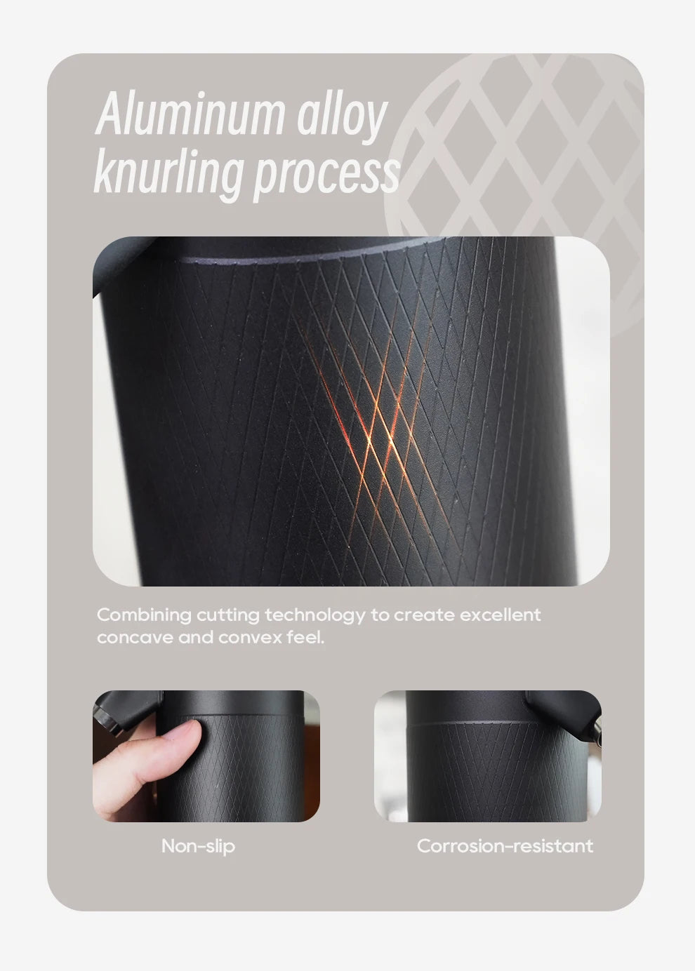 Black aluminum alloy coffee maker featuring a non-slip, textured knurled grip for a premium, corrosion-resistant feel.