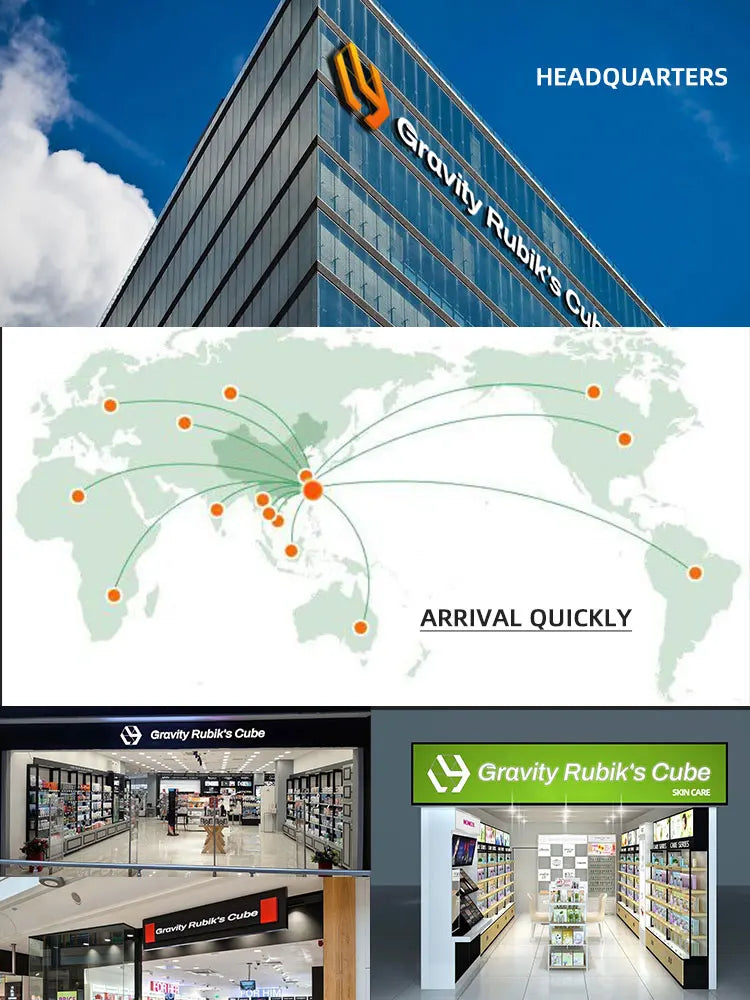 Collage showing a company headquarters, a global shipping distribution map, and retail storefronts for skin care.