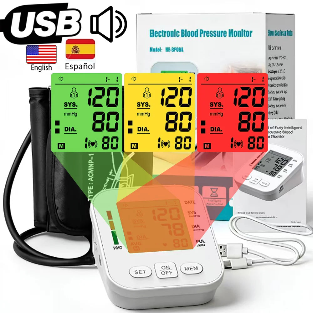 Upper Arm Blood Pressure Monitor Automatic Cuff Tonometer Digital Tensiometer Rechargeable Blood Pressure Meter Heart Rate Meter