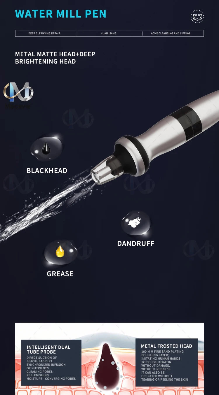 6-in-1 oxygen dermabrasion water mill pen for deep pore cleansing, blackhead removal, and facial skin whitening.