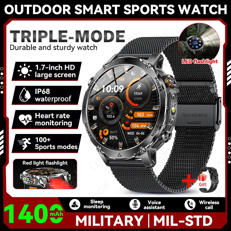 Black mesh-belt smartwatch with round screen and LED flashlight