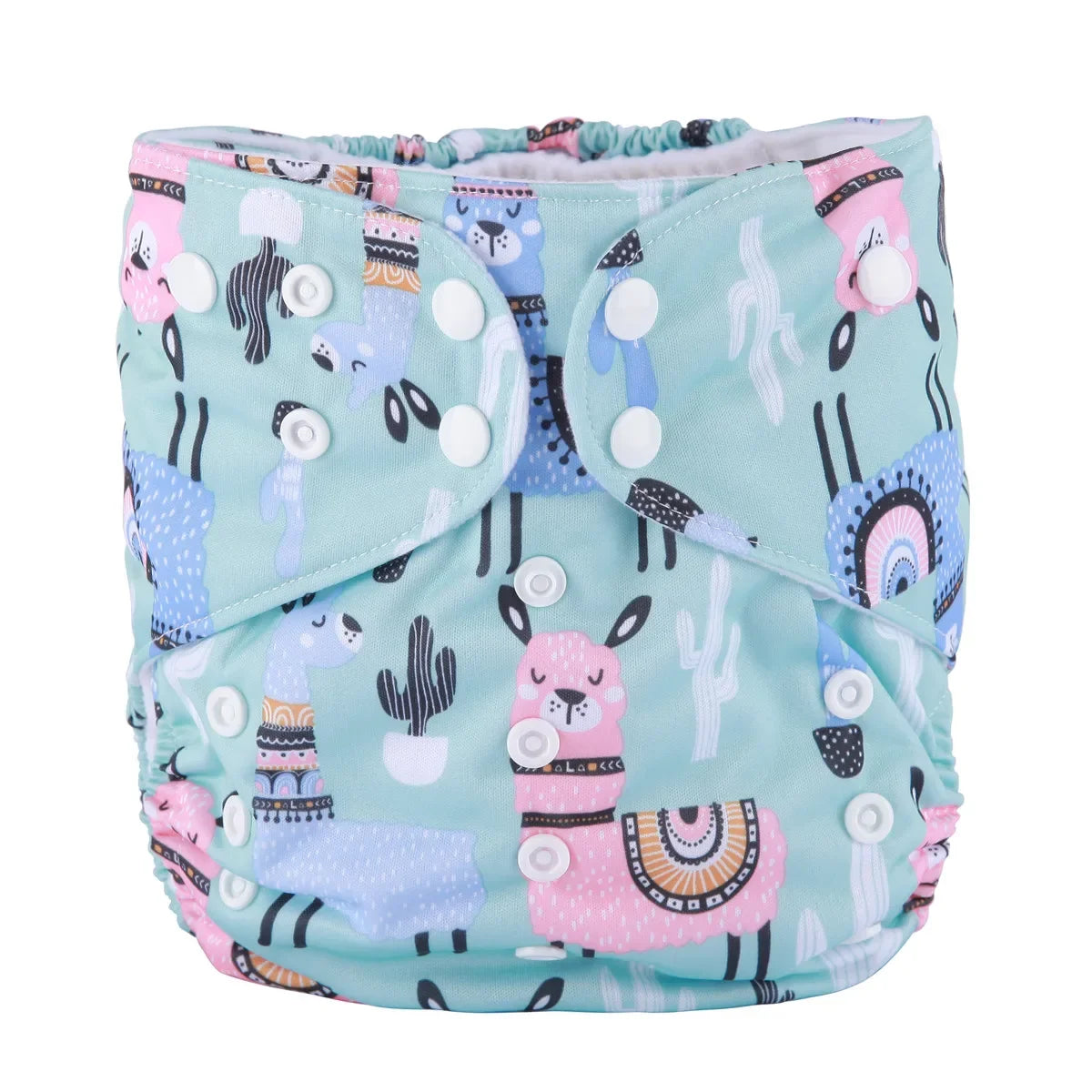 Adjustable reusable baby cloth diaper with cute llama and cactus print in light blue.