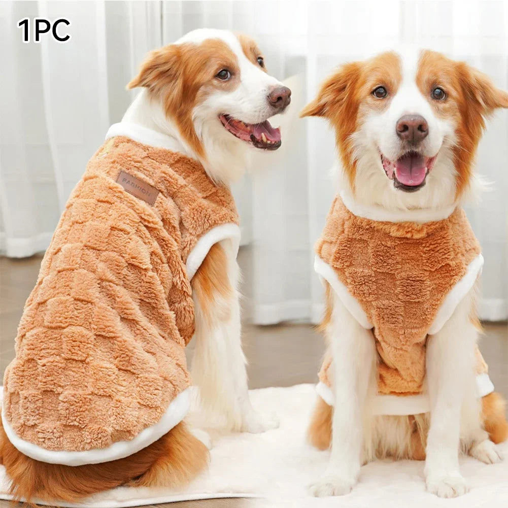 Two dogs wearing cozy tan fleece winter vests for warmth and comfort, available in sizes S-8XL for all breeds.