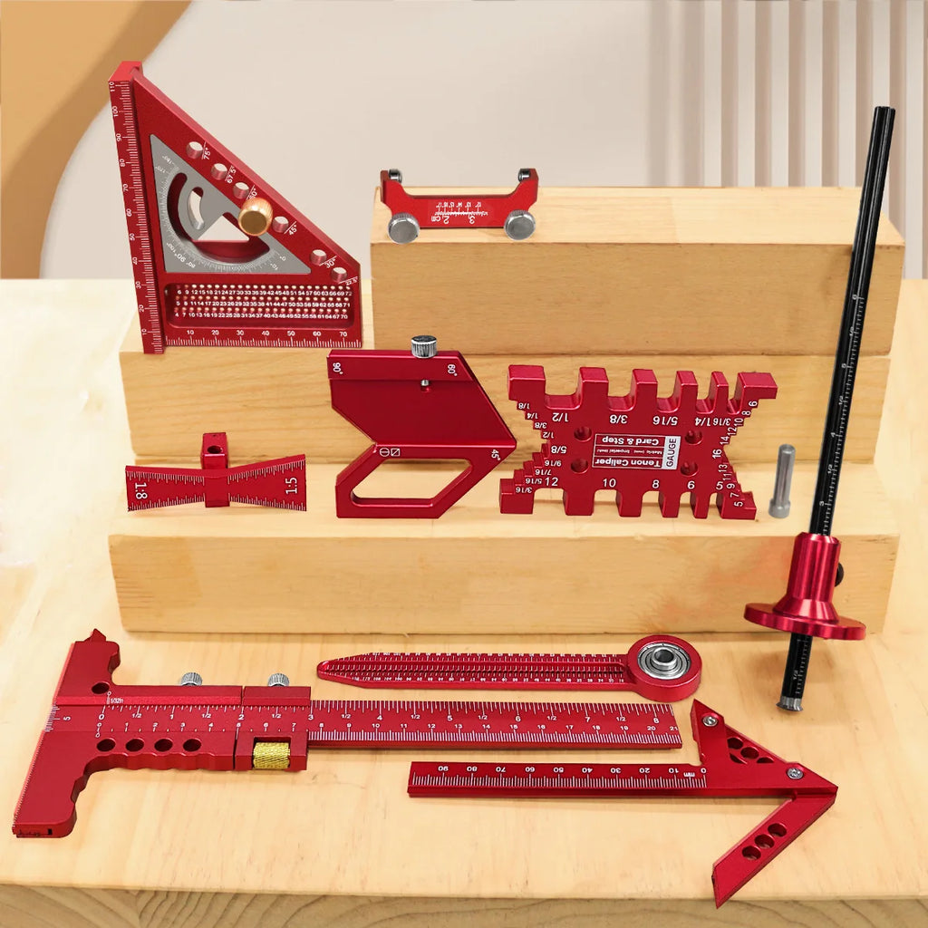 10pcs Woodworking Square Kit with Box, Aluminum Scribeing Ruler,Center Finder,Circular Drawing Compass,Honing Guide,Height Gauge