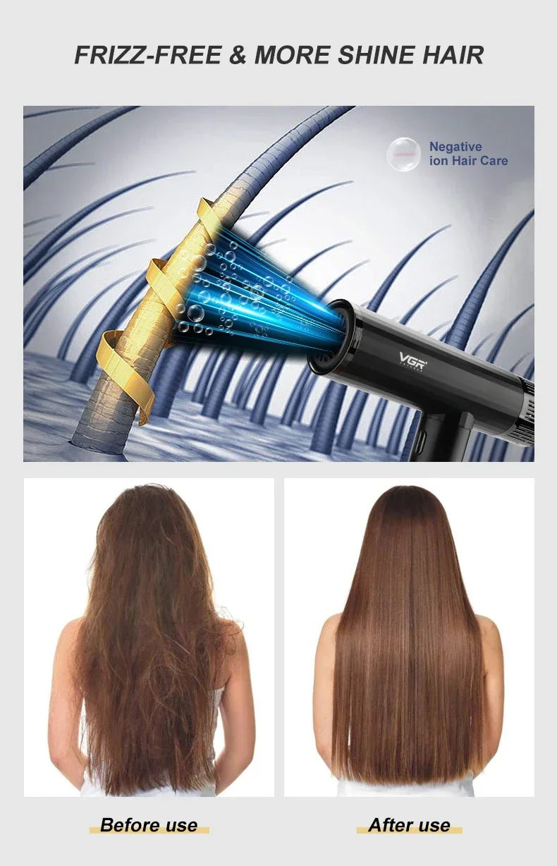 VGR V-427 negative ion professional hair dryer showing before and after results for smooth, frizz-free, shiny hair.