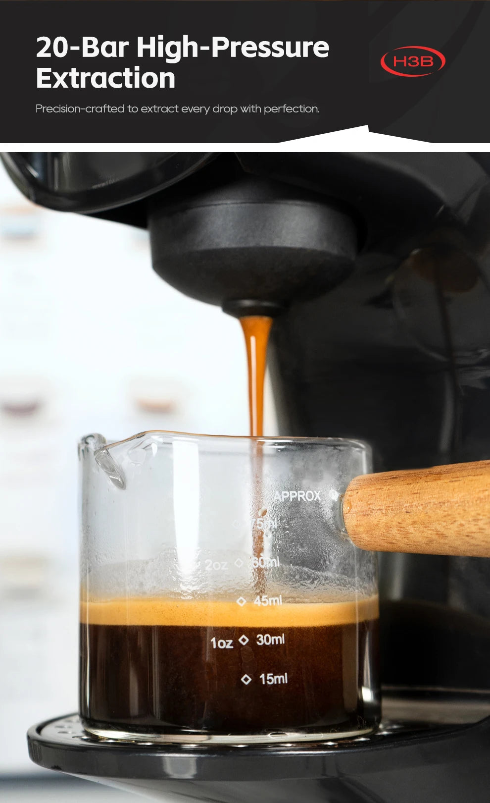 H3B 20-bar espresso machine brewing coffee into a small glass measuring cup with a wooden handle.