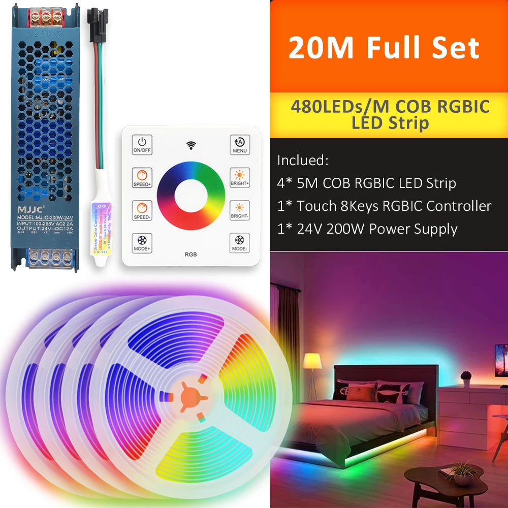 WS2811 COB RGBIC LED Strip DC24V 5M 10M 20M 30M RGB IC Horse Running Water Flowing Lights Tape Diode Ribbon Room Decoration Lamp