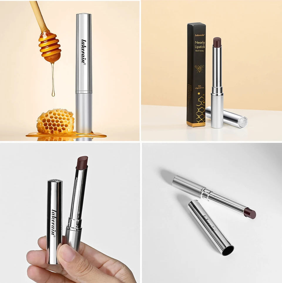 Lakerain moisturizing dark brown honey lipstick in a slim silver tube. Nourishing, non-stick, long-lasting lip makeup.