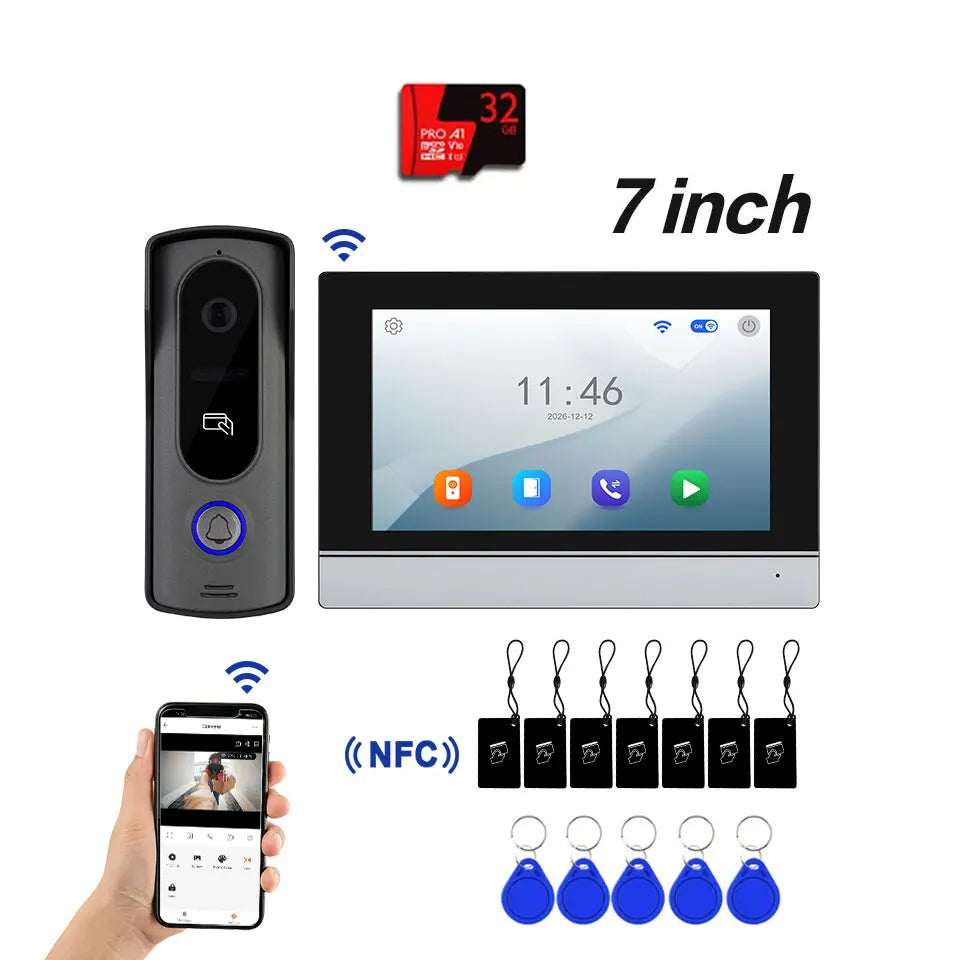Tuya Wifi 7inch 4 Wires Video Doorbell HD Monitor RFID Metal IR Camera Visual Intercom Two-way Audio APP Unlock Video Door Phone