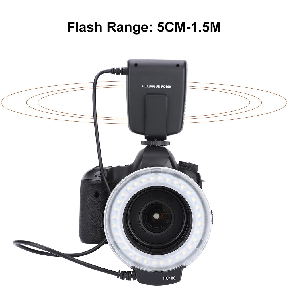 FC100 macro ring flash mounted on a DSLR lens, with a controller unit attached to the camera's hot shoe.