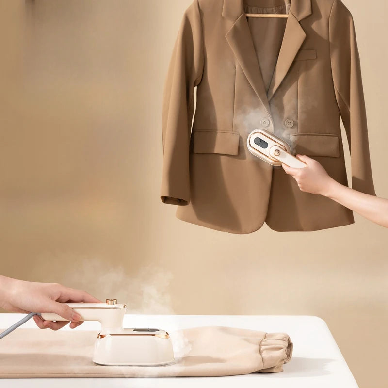 Tidesmit handheld portable steam iron showing dry and wet ironing features for efficient home garment care.