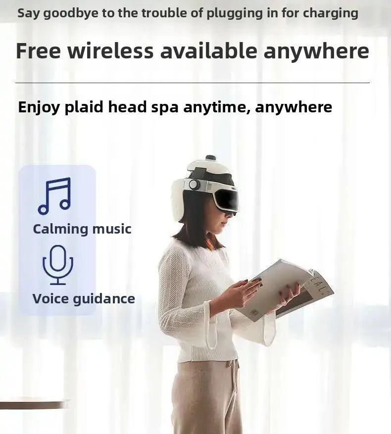 Wireless head and eye massager helmet for scalp and neck therapy, white portable health spa device with voice guidance.