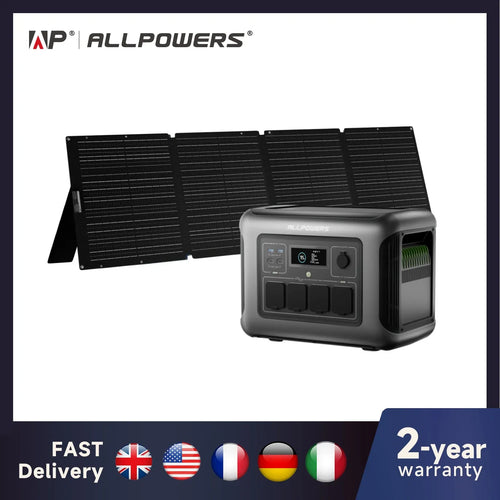 ALLPOWERS portable power station with a foldable black solar panel, featuring multiple output ports and digital display.