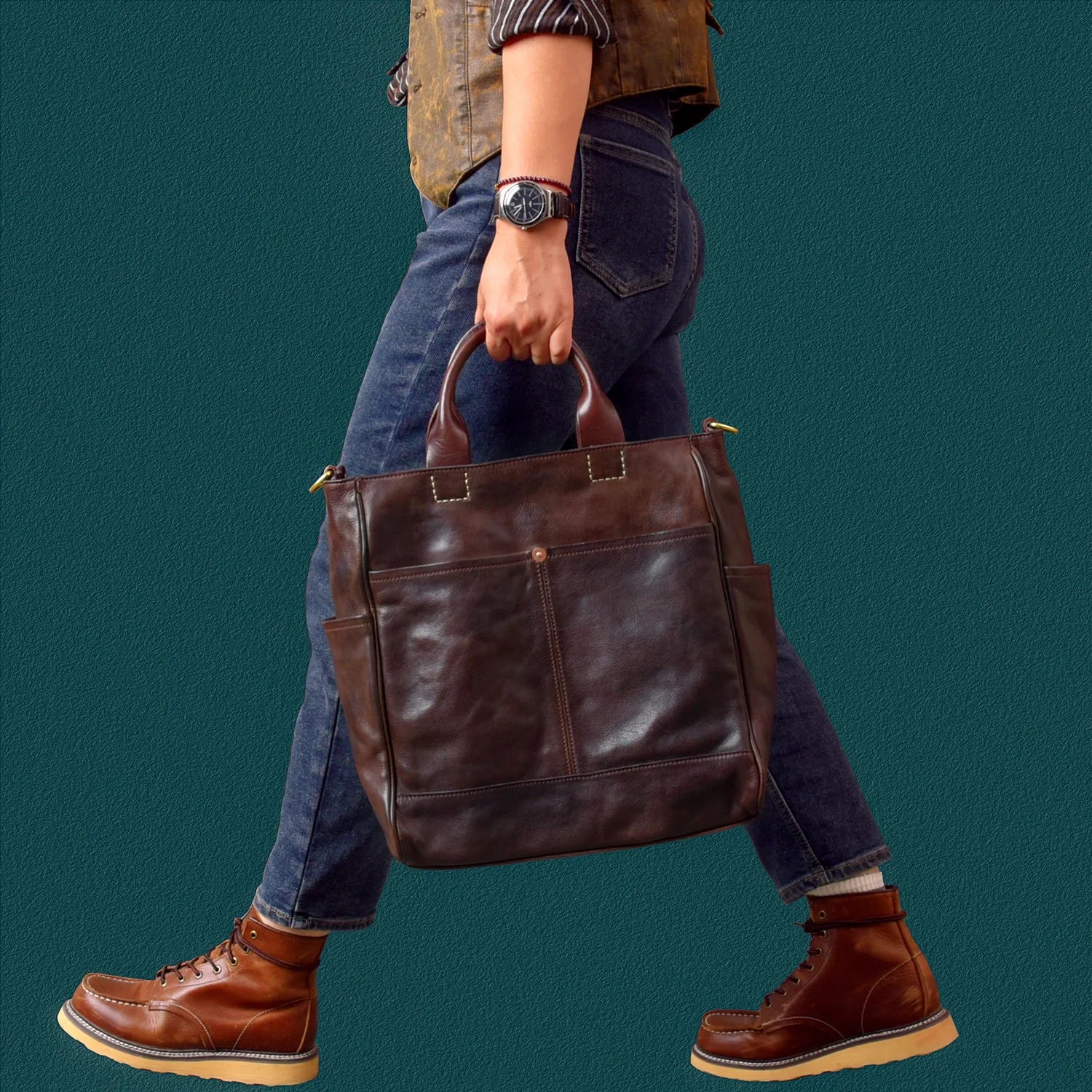 Fashion organizers designers handmade genuine leather men's tote bag outdoor travel luxury vegetable tanned cowhide handbags