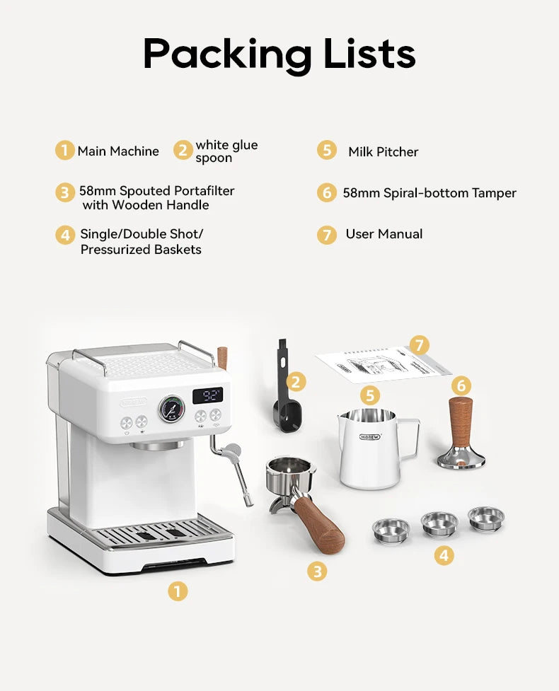 HiBREW white espresso machine packing list including 58mm portafilter, spiral tamper, milk pitcher, and filter baskets.