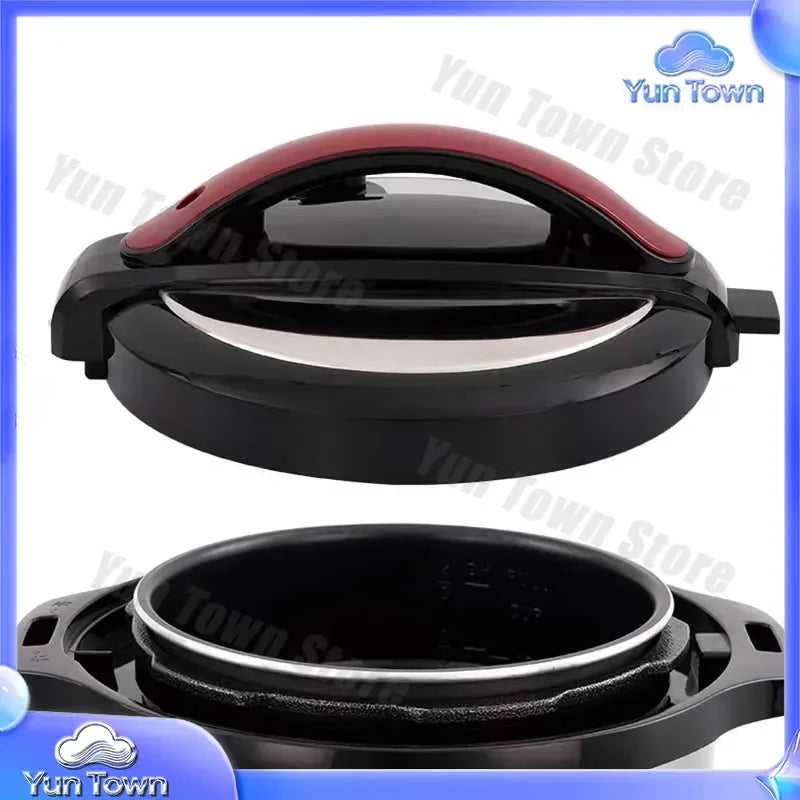 Electric pressure cooker with lid open, showing dark nonstick inner pot