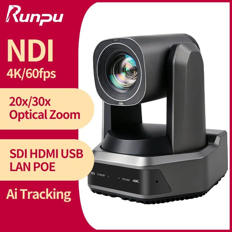Runpu 4K 60fps NDI PTZ Camera 20x 30x Optical Zoom IP LIve Streaming PTZ Camera AI Auto-Tracking 3G-SDI LAN USB PoE for Church