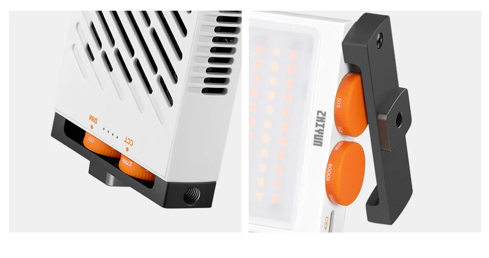 White LED video light panel with orange control dials and a black mounting bracket for photography lighting.