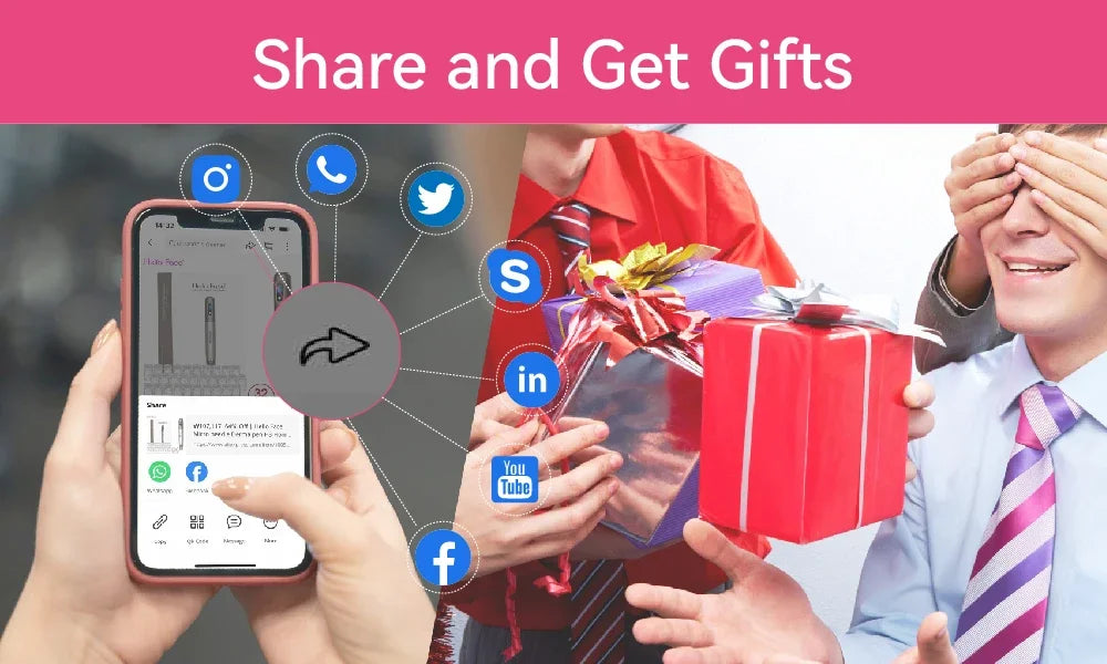 Promotional graphic showing a smartphone with social media icons for sharing, leading to a person receiving a gift box.