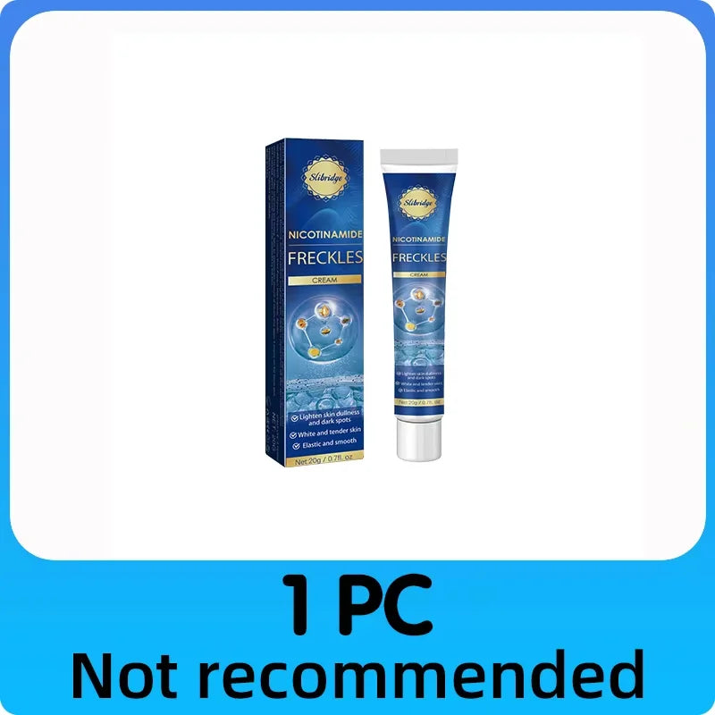 Slibridge Nicotinamide Freckles Cream in a blue tube and matching retail box against a white background.