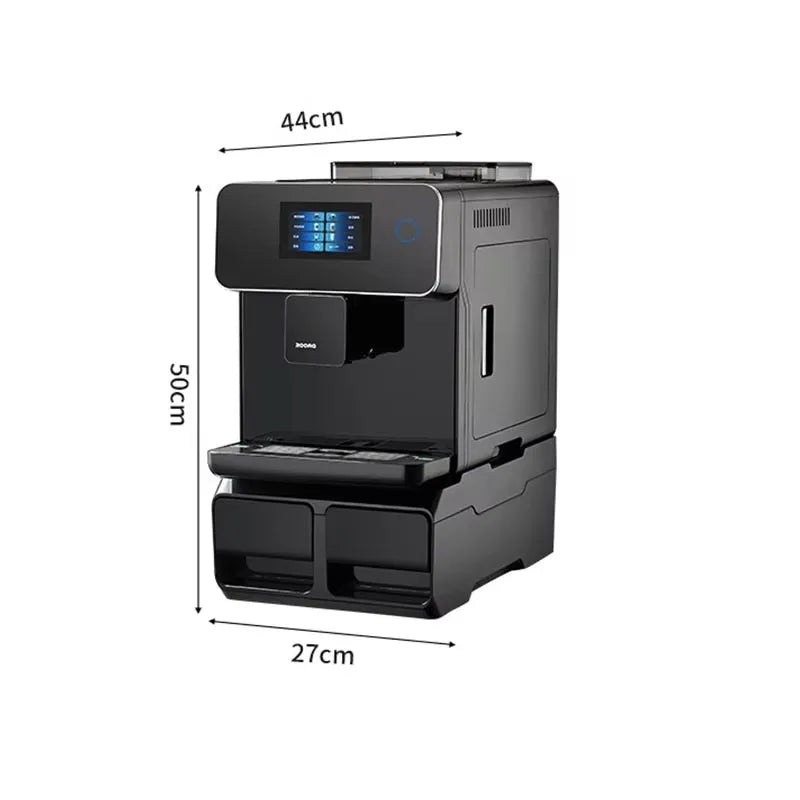 Black automatic coffee machine with touchscreen display, 50x44x27cm dimensions, sleek modern design for home use.