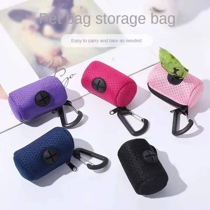 Colorful mesh dog poop bag dispensers with carabiners for easy leash attachment during pet walks.