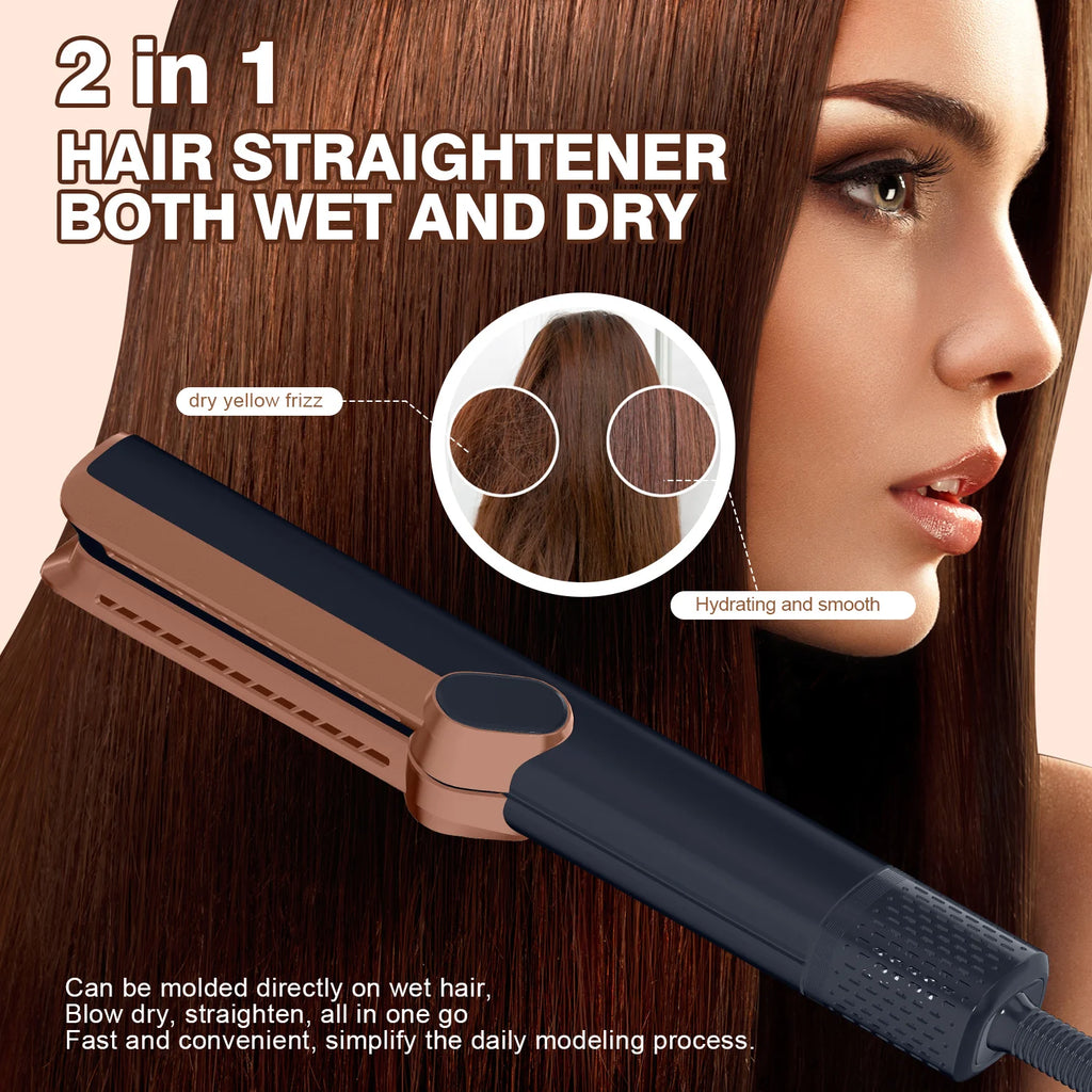 2-in-1 bronze hair straightener and dryer for wet or dry hair, featuring frizz-reducing ionic technology.