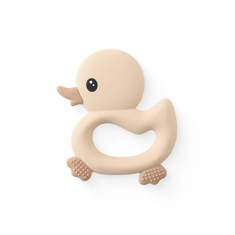 Beige silicone duck baby teething toy for soothing relief.