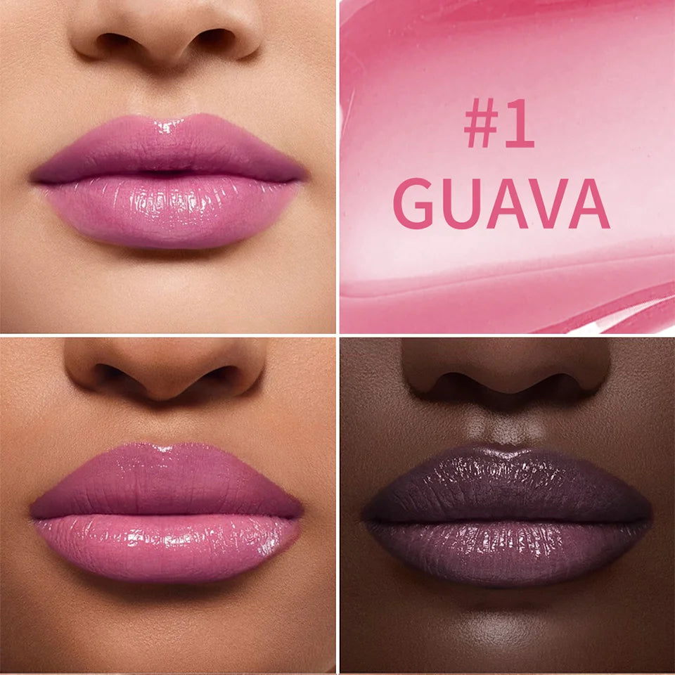 Lakerain Kulfée Guava lip oil: non-sticky, moisturizing high-shine lip gloss in a smooth pink mauve shade.
