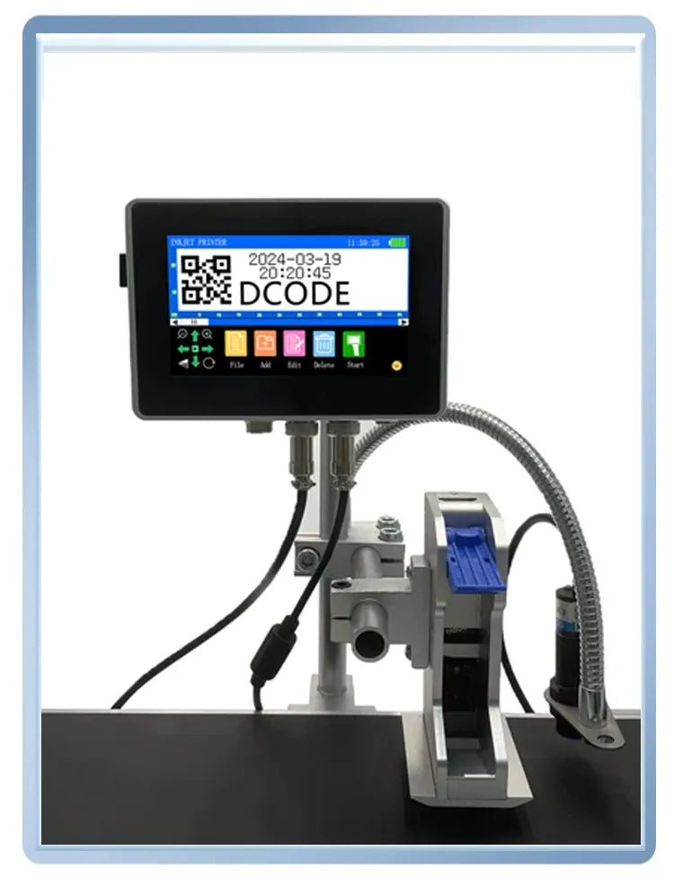 Industrial online inkjet printer front view with touchscreen showing QR code and ink nozzle
