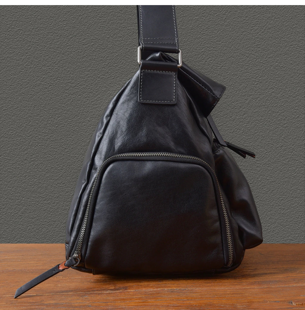 Retro Designer Men New Black Cowskin Genuine Leather Travel Bag Big Capacity Casual Tote Handbag Single Shoulder Crossbody Bag