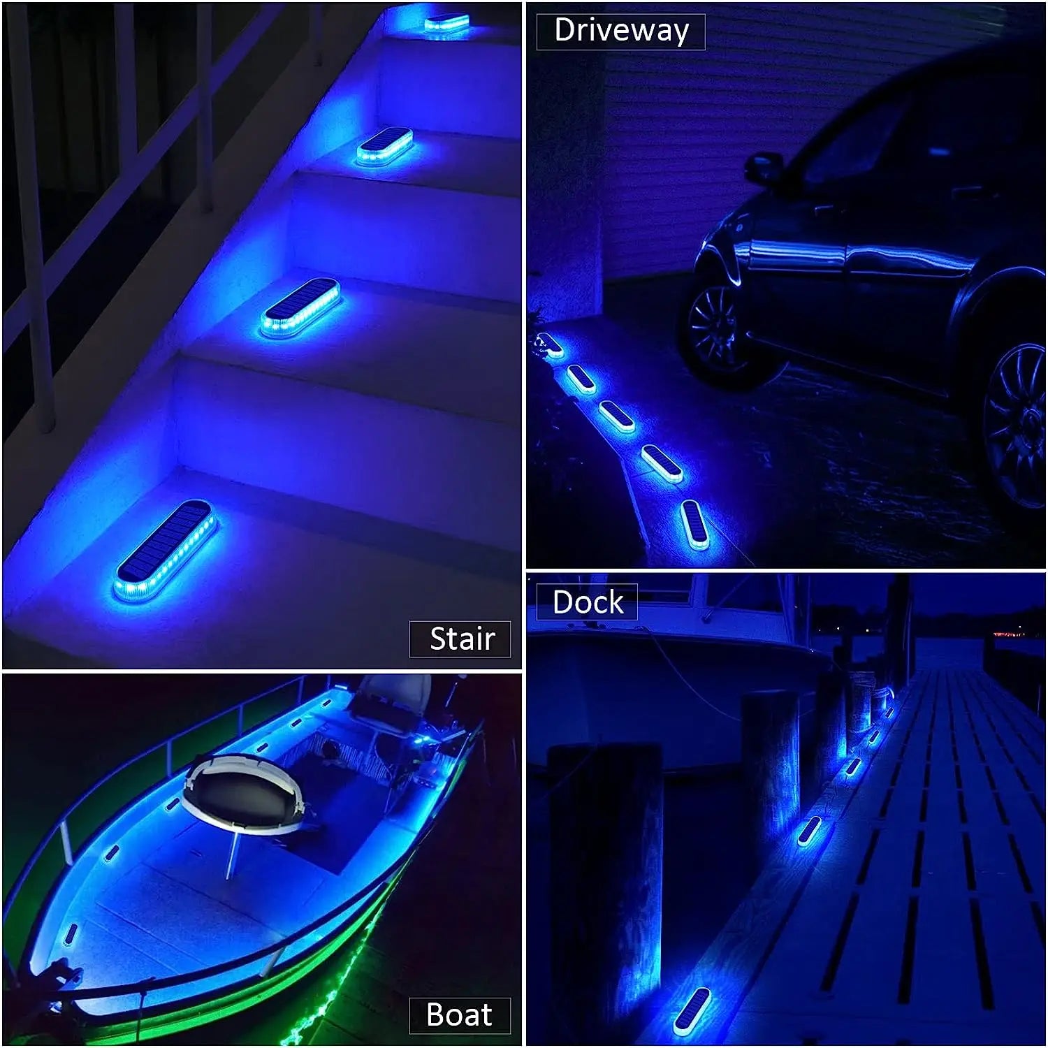 5 Years Lifespan 4 Pack Solar LED Deck Lights Blue Auto On/OFF Outdoor Waterproof IP68 Anti-pressure 5 tons Solar Garden Step Lights for Stairs Fence Yard Patio Pathway