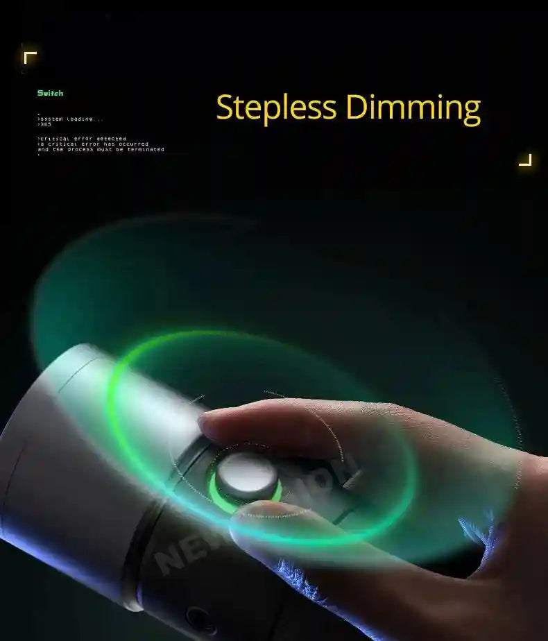 Hand operating a cylindrical, silver light controller with a glowing green ring for stepless dimming adjustment.