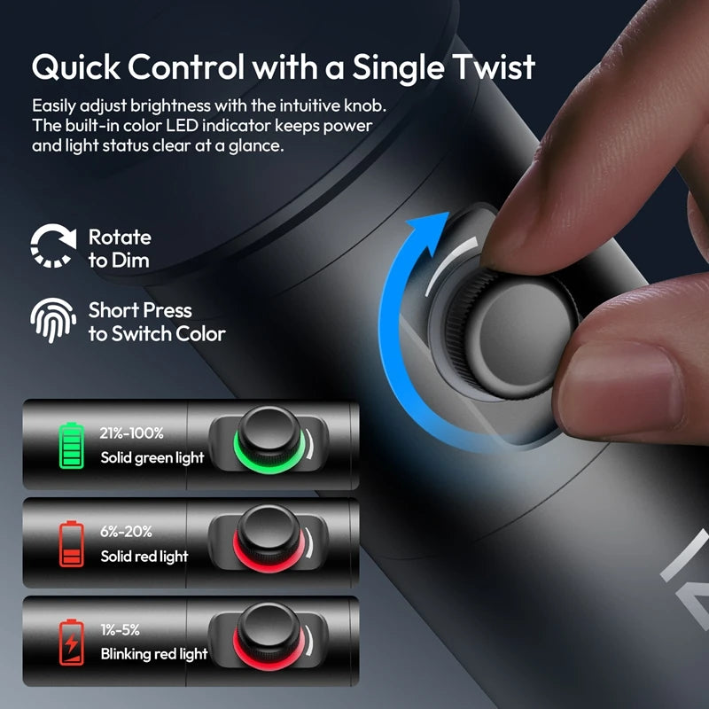 Black cylindrical light controller with a rotary knob for brightness and color adjustments using LED status indicators.