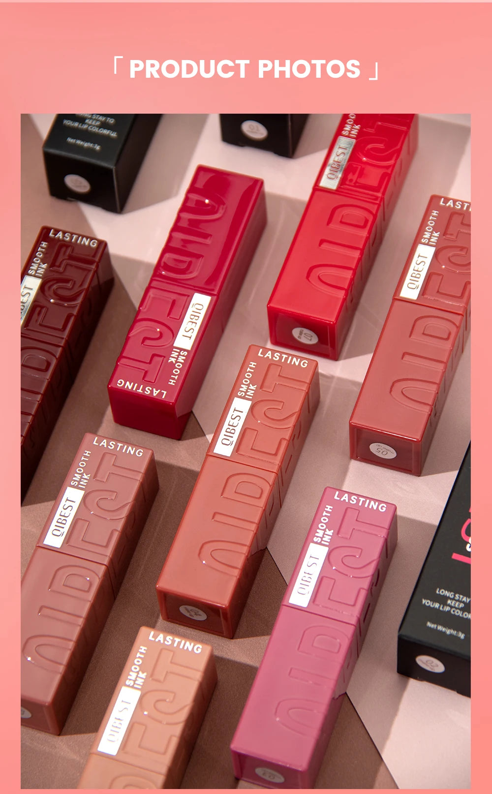 QIBEST 8-color waterproof watery lip glaze set with long-lasting mirror finish in sleek, vibrant rectangular tubes.
