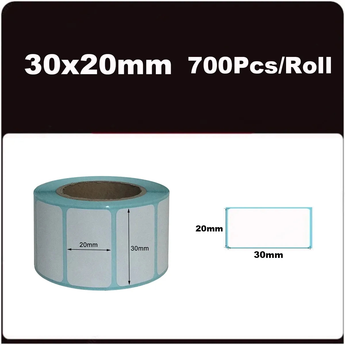 30x20mm blank white thermal labels roll, 700 pcs per roll, rectangular label layout